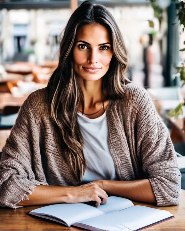 AI-generated portrait of Lena, a fictional character (petite & dreamy)