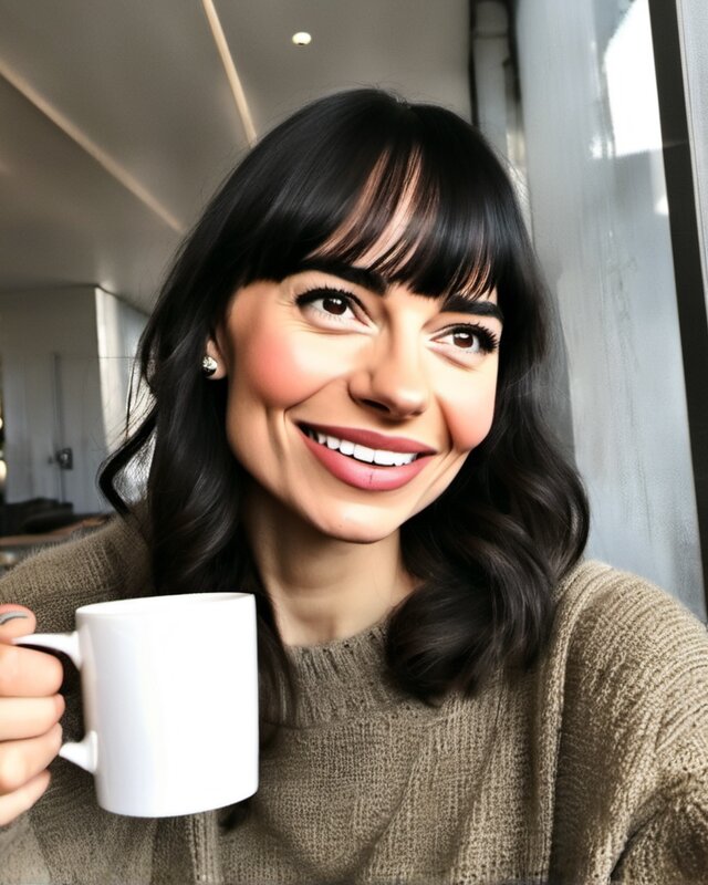 AI-generated portrait of Yumi, a fictional character (sweet & a little shy)